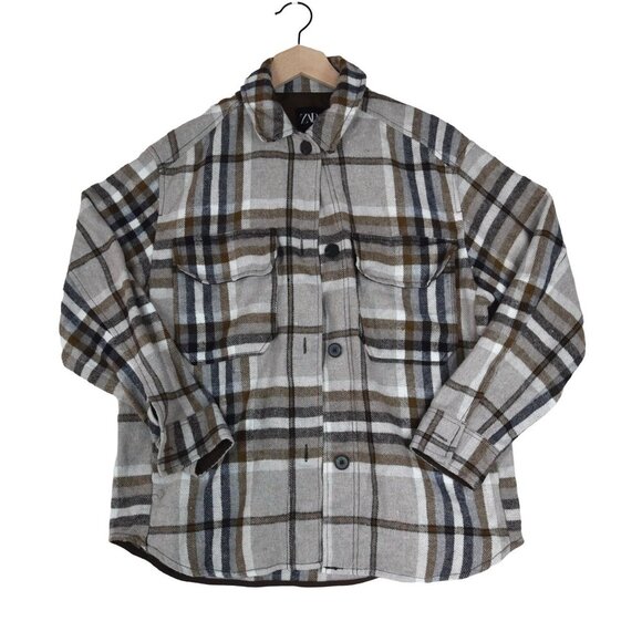 Zara Plaid Wool-Blend Chore Shacket Women’s Medium Pockets Oversized Brown Tan - Picture 1 of 8